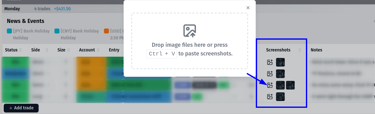 Attach trade screenshots